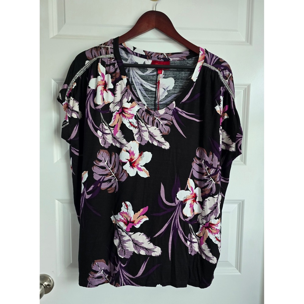 Jennifer Lopez Tropical Floral V-Neck Top Black Purple Hibiscus Plus Size 1X NWT